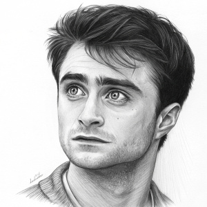 Detailed sketch of Daniel Radcliffe's face from Harry Potter series, emphasizing eyes and eyebrows.