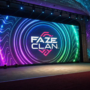 FaZe Clan's logo centered on a digital screen. The background features swirling patterns of purple, blue, and green, creating a mesmerizing and futuristic vibe.