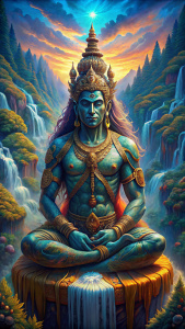 Statue of Lord Shiva, in himalaya, sits in padma asana, cinematic