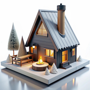 3D Render of a Scandinavian-inspired Winter Cabin with Fireplace, on isolated white background.