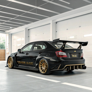 Custom Subaru Impreza WRX STI in sleek black and gold. Positioned in a sleek garage. Large rear wing and gold accents. High resolution, professional photo.