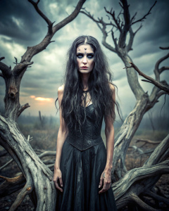 Godness Hel of the soul gray earth dry trees half of the face rotting in a black dress black hair right hand is rotting detalising face
