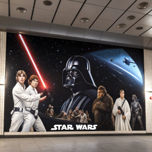 A massive panoramic image featuring iconic Star Wars characters including Darth Vader, Luke Skywalker, Princess Leia, and Chewbacca. Set against a predominantly black and white backdrop with 'Star Wars' emblazoned at the bottom, this composite image weaves together key moments from the Star Wars saga.