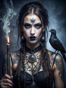 very creepy photo of 18 years old evil necromancer, ritual tattoo,black silk clothes,wiccan,crow,dark fantasy,nose piercing,lips piercing,magic device,magic grimoire,ritual staff,pentagram,blood sacrifice,very long black braid hair,beautiful black eyes,black lipstick, inspiration from marvel character Nico Minoru,soft skin,messy hair monet range murata artgerm katsuhiro otomo,highly detailed intricately sharp focus,full body photography, extremely realistic and hyper detailed, unreal engine,4:3