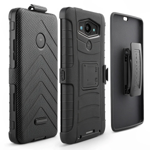 Close-up image of Motorola Droid Ultra/Droid MAXX protective case. Highlighting the hard case with built-in kickstand and swivel belt clip, made from rugged, textured rubber material.