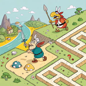 Concept art for Asterix & Obelix XXL 3. The artwork is split into two panels. Each panel showcases different scenes from the game.
