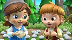 Hansel and Gretel heard their stepmother's plan and Hansel stuffed white stones in his pocket. The next morning, their stepmother took them to the forest.