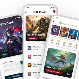 A screenshot from a mobile app featuring digital gift cards for League of Legends. Cards display different values and are adorned with iconic game characters and dynamic graphics.