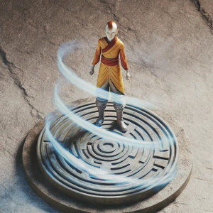 3D render of Aang, protagonist from Avatar: The Last Airbender. Orange tunic and beige pants. Focused expression, standing atop an intricate base design.
