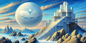 White illustration, René Magritte style, surrealism  structural aesthetics, a lot of sophistic metallic architecture, huge ocean, white, magic, gain paper, --aspect 4:1