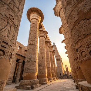 A stunning photo of Karnak Temple in Egypt. Majestic stone pillars with detailed hieroglyphics rise into a clear sky. The temple's intricate artwork depicts scenes and figures from ancient times, including humans in traditional attire. The soft lighting highlights the rich textures of the stone carvings.