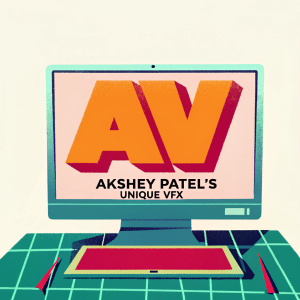 Akshey Patel's Unique VFX logo, with sleek, modern design featuring bold, angular elements. The brand name and contact details are prominently displayed on a digital screen.