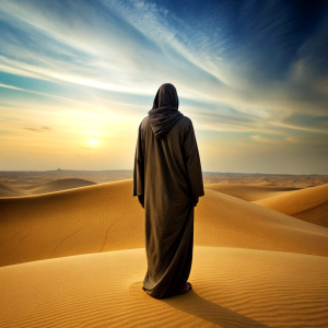 A hooded Muslim man in the desert with his back turned