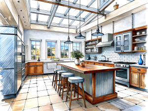 sketch of a loft style kitchen