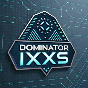 Dominator IXXS logo featuring sleek, digital patterns and shapes. Modern design with prominent text 'Dominator IXXS' in futuristic style.