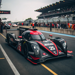 Rebellion Racing's TVR R13 LMP1 race car at the Formula E Championship. Sleek black and red design. Sponsor logos prominently displayed.