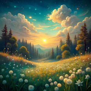 Vintage Old, Spring Meadow with small white Wildflowers with the Sunrise in the background. Photo Realistic