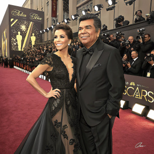 Eva Longoria and George Lopez on the Oscars red carpet. Eva in a sophisticated black gown with intricate lace, George in a tailored black suit. Numerous camera flashes and event logos in the background.
