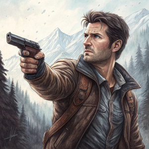 Caucasian male video game hero Nathan Drake. Wears leather jacket, holds pistol. Intense gaze. Detailed sketch style, pencil shading, background includes mountains and forest hints.