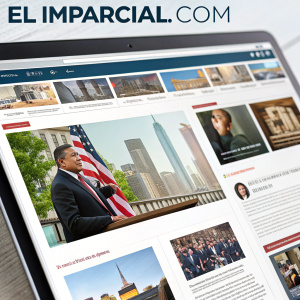 A webpage screenshot showcasing El Imparcial.com. Features diverse news articles and ads. Main header, text articles, and multimedia content. Various shades color scheme.