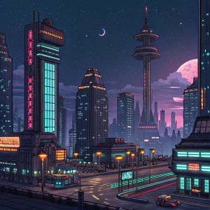 Screenshot from the pixel art game Strachurian Omacron: Proxim Galaxy. Futuristic cityscape, challenging gameplay