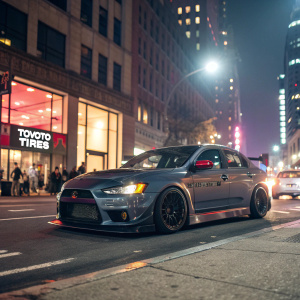 Custom Mitsubishi Lancer Evolution X on a busy city street at night. Sponsorship logos from Tovoto Tires visible. Neighboring buildings and streetlights illuminate the scene.