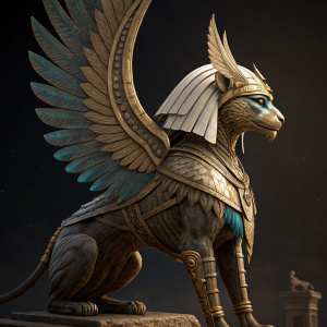 Digital artwork featuring a 3D character from Assassin's Creed Odyssey. Sphinx-inspired design with a feathered headdress. Blending human and mythical elements. Set against a dark backdrop with intricate details.