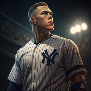 Aaron Judge, intense gaze, wearing a Yankees pinstripe jersey. High contrast lighting on dark background