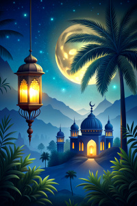 moon  ramadan lantern, Malay village, ramadan, coconut trees, nights with mosque behind