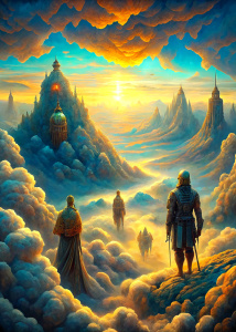 Plympo, guerreros espartanos, entre nubes, flotando hacia el cielo, atardecer