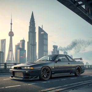 Illustration of a sleek Nissan Skyline GTR R32, dark charcoal paint job, sitting in a futuristic cityscape