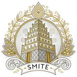 Illustration of the Smite logo, featuring intricate designs and lavish gold detailing.