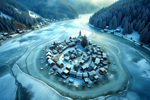 Arial view of a deep frozen village