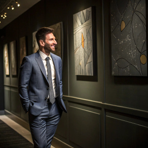 Lionel Messi, in a stylish business attire, standing alone in a dimly lit room with abstract art on the walls.
