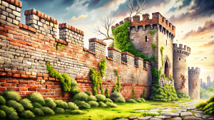 The wall of the old castle bricks moss cracks