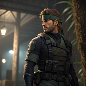 Render of Solid Snake from Metal Gear series. Dark, realistic environment. Wearing tactical gear and green headband.