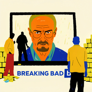 Breaking Bad promotional poster. Foreground shows blurred figures. Central character displaying intense look, framed against gritty brick wall. Background elements symbolize show's themes, including stacks of cash and iconic tagline.