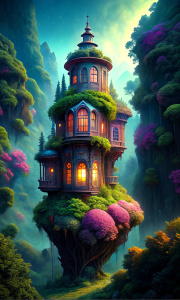 a small coquette pink magical house, with golden magical windows and green lush plants growing on it, on top of a hill, in a wild forest