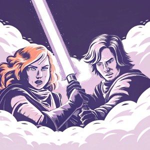 Digital illustration featuring Lina Inverse and Gourry Gabriev from the Slayers series. Lina with fiery orange hair and intense gaze. Gourry in battle stance with glowing sword. Warm fantasy landscape with vibrant colors and dynamic background.