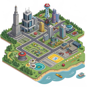 Main map from the app of Transformers: Robots in Disguise. Detailed game environment with numerous structures and elements.