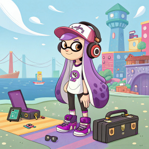 Digital art of Inkling girl from Splatoon, long purple hair, casual outfit, surrounded by squid gear, vibrant undersea cityscape background