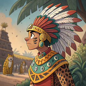 Illustration of a cartoon Aztec warrior, detailed feather headdress, jaguar-patterned clothing. Vibrant colors, animated background