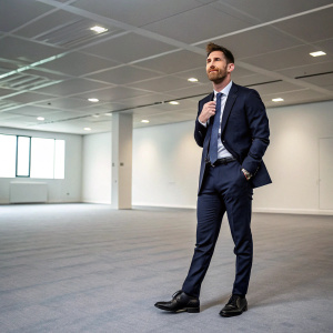 Lionel Messi in a business attire, no beard, standing alone in an empty room, promotional event for a sports brand.