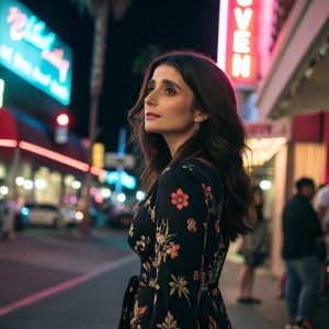 Shiri Appleby, former Roswell actress, in a black floral-patterned dress. Standing in a busy street with neon lights in the background.