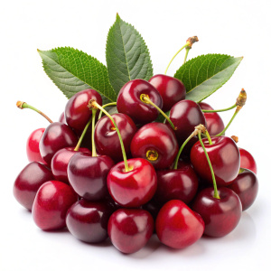 Photograph of a pile of cherries with leaves, taken from a straight angle on a white background
