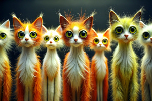 Stylized hairy feral cats with elongated bodies and large, expressive eyes, standing in a row. Each of them has a different color and size.
They are artistically represented, with long, thin bodies, and large, round eyes.
One is tall yellow that stands out in the center.
Another smaller orange-red on the right.
Their eyes are disproportionately large compared to their bodies, giving them a cartoonish appearance.
The background is darkand features raindrops falling vertically