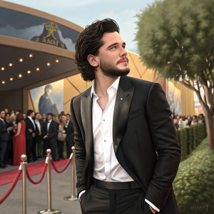 Kit Harington in a sleek black suit and crisp white shirt. Dark hair and beard. Outdoor event with a vibrant crowd.