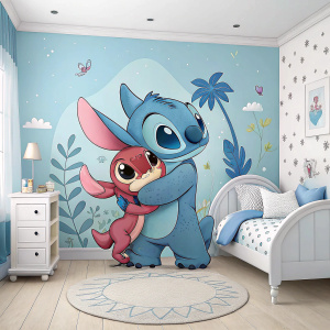 A high-resolution image of Stitch and Lilo in a cozy bedroom. Light blue walls with white furniture. The scene has a whimsical, cartoon-like style with bright colors.