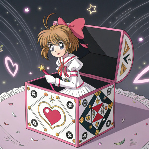 Sakura Kinomoto, from Cardcaptor Sakura, seated in a colorful, magical box filled with shapes and symbols. The box has a predominantly black and white color scheme with hints of pink. The detailed artwork highlights her anime-like appearance. The background is dark and abstract, adding to the mystical atmosphere.