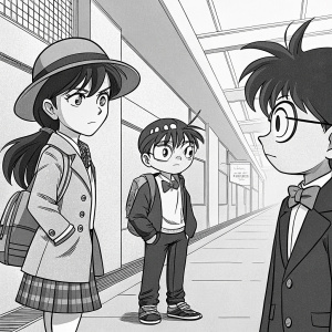 Flat illustration. Scene from Detective Conan anime. Girl with stern expression, young boy with playful look, another boy with inquisitive face. Partial figure on the right. Black and white, detailed lines defining shapes and poses.